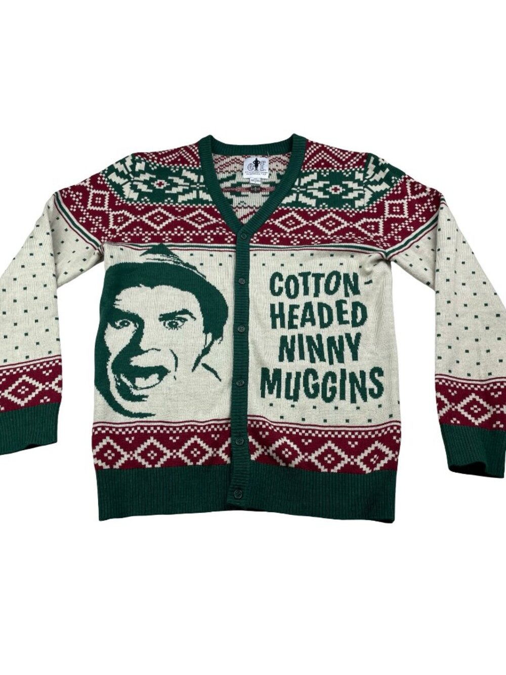 Buddy The Elf Men's "Cotton Headed Ninny Muggins" Ugly Cardigan Sweater • Small